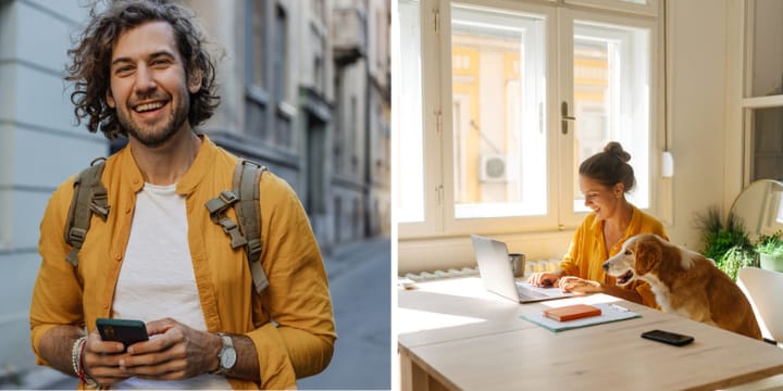 smiling man with phone; woman and dog on computer