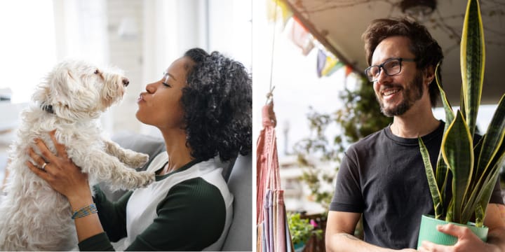 woman kissing dog; man with plant