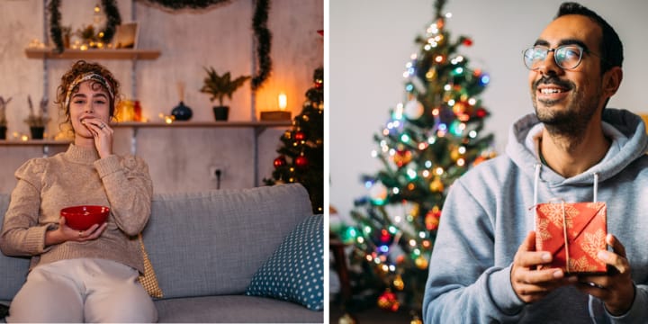 man and woman enjoying christmas composite