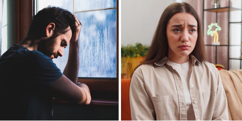 split screen - sad man and woman