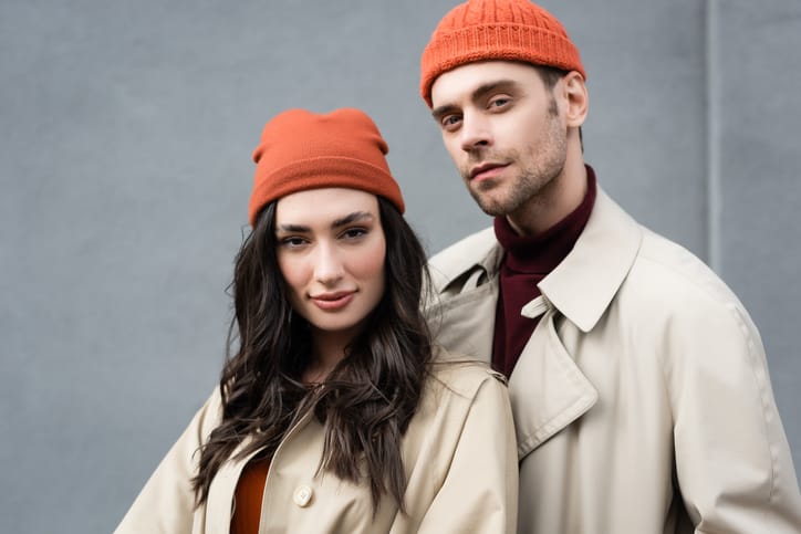 serious couple with matching outfits