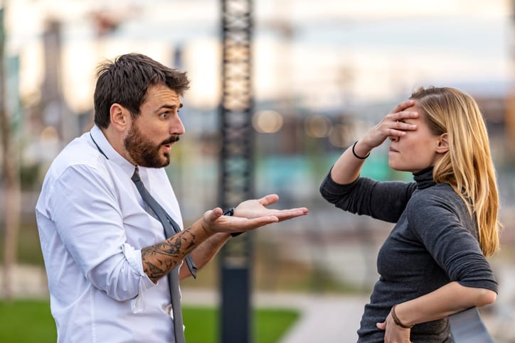 Handsome Young Man is Trying to Solve Relationship Problems with his Beautiful Girlfriend with Long Hair while Taking a Walk and Having a Harsh Conversation During Sunset Near the River.