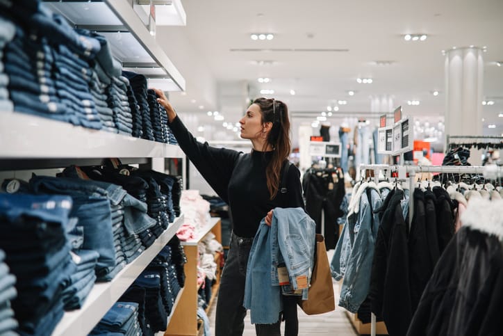 Woman shopping for denim in a clothing store.