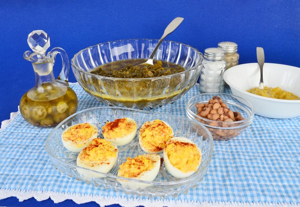 Serving dish with deviled eggs.