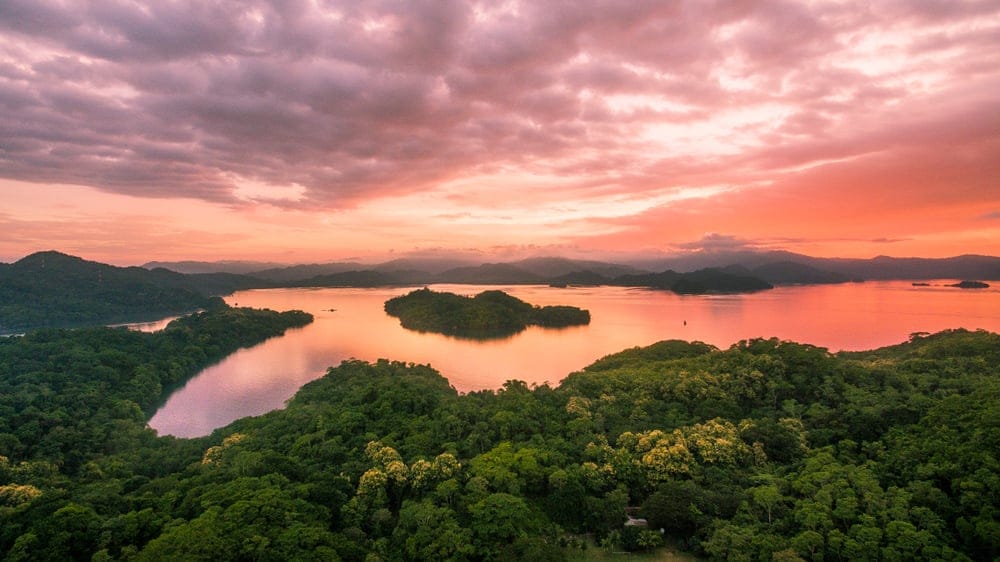 Peninsula of land with sunset.
