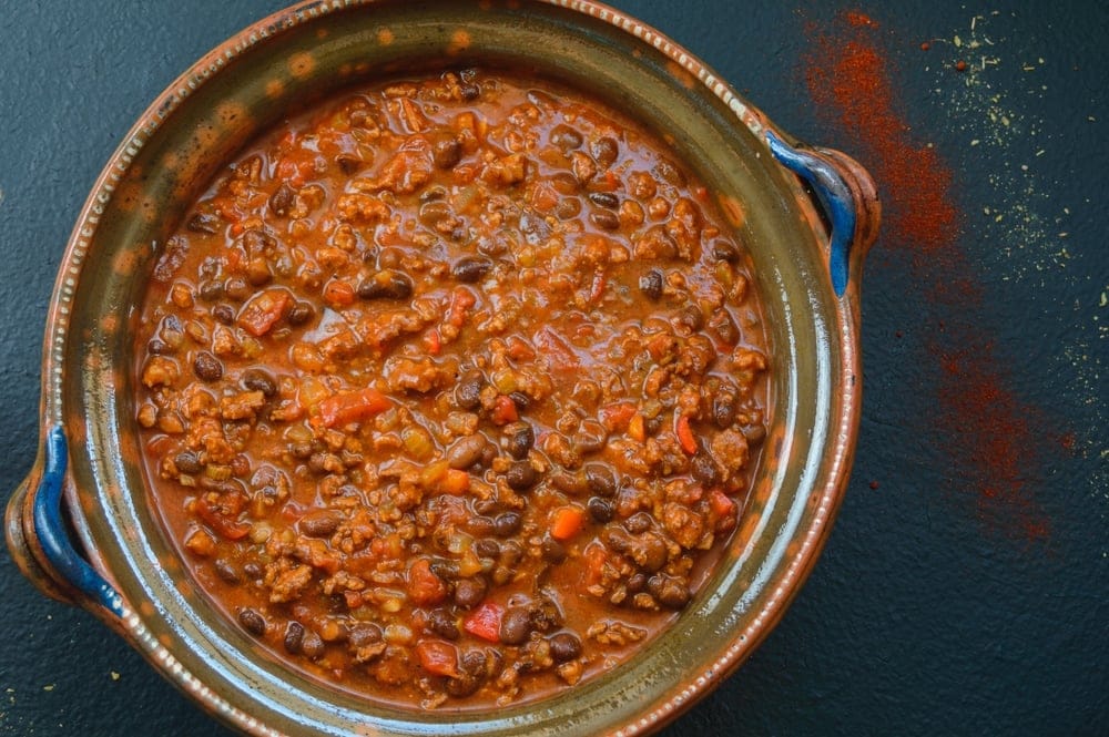 Black bean chilli in a pot.
