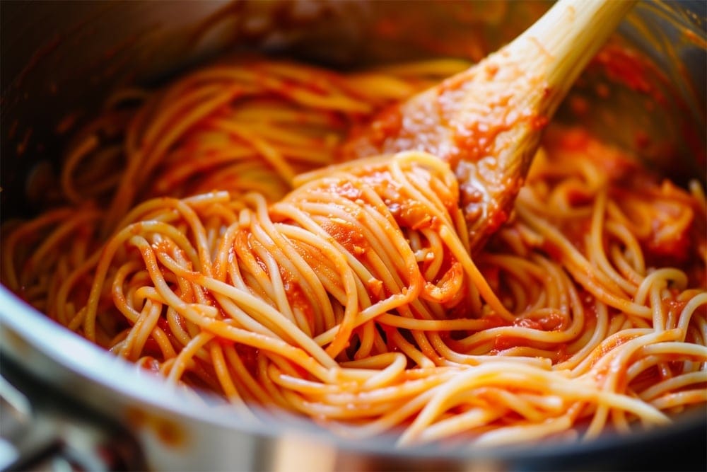 A dish of spaghetti Bolognese pasta.