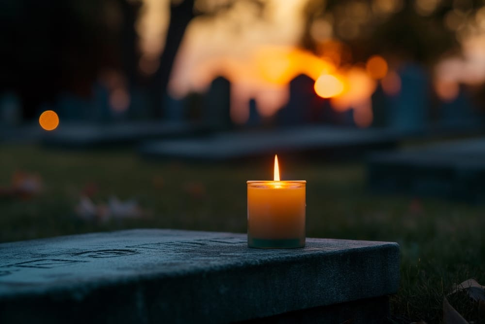 Candle lit outside at evening.
