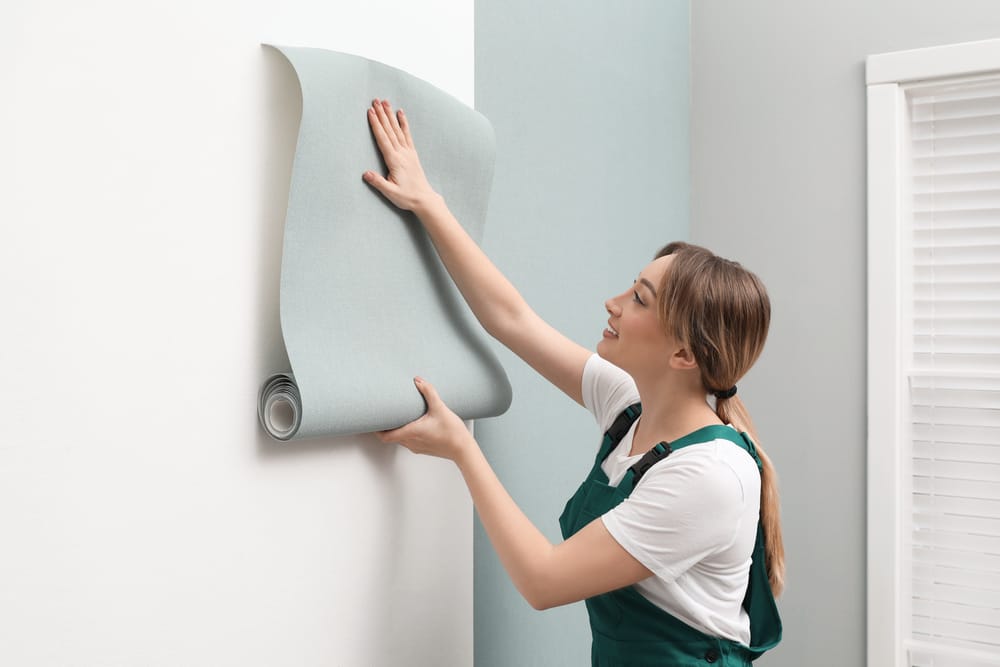 Woman hanging wallpaper.