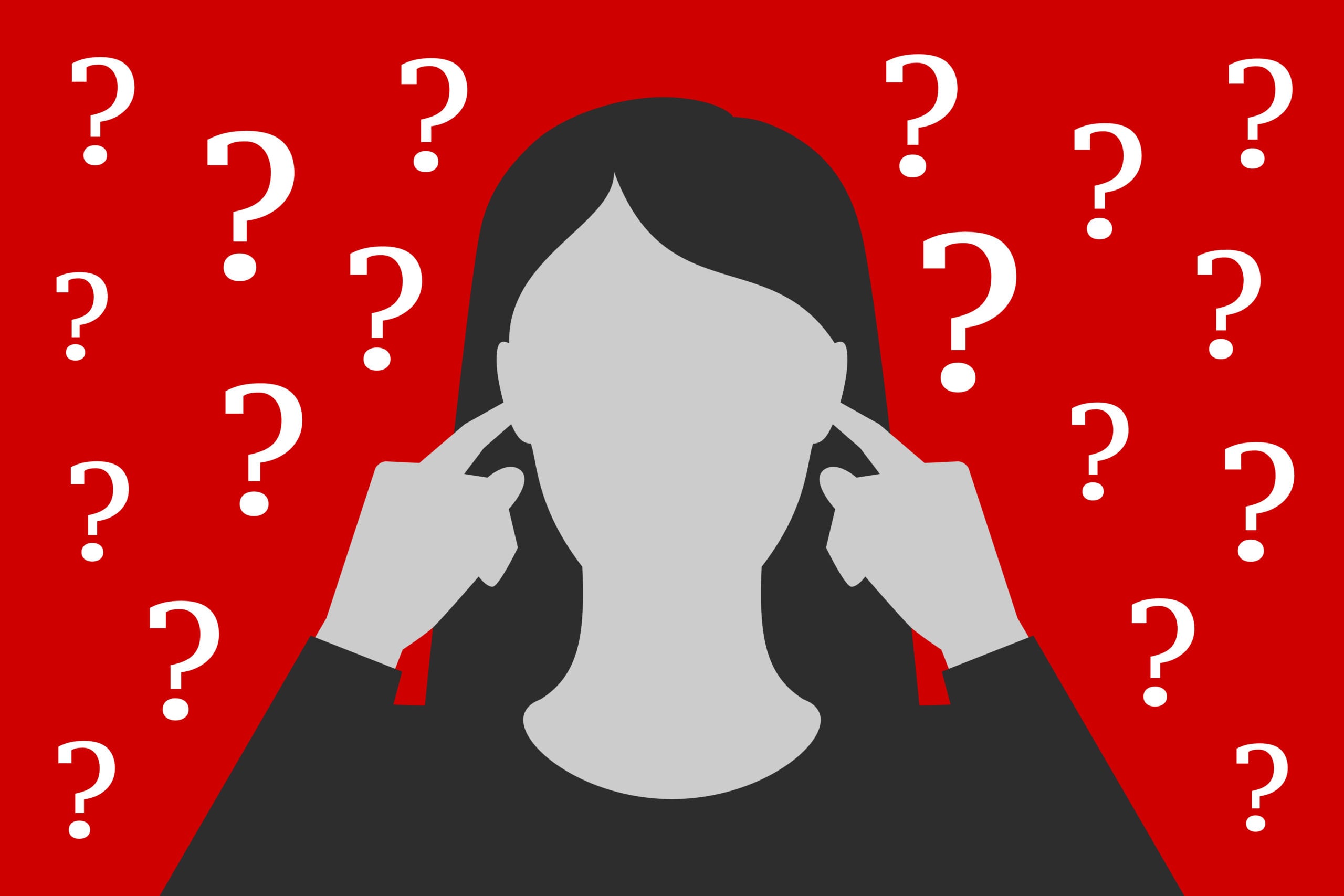 Illustration of a woman covering her ears asking herself questions.