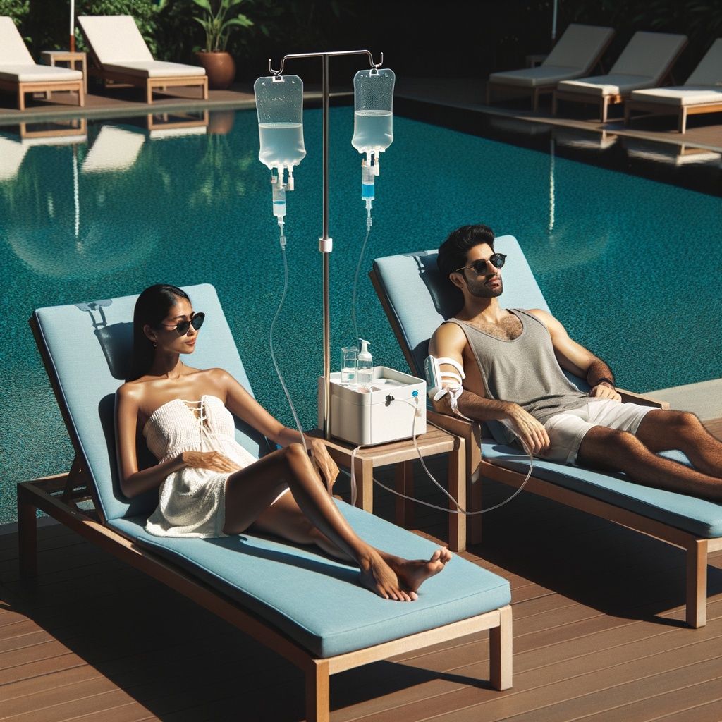 Two people relaxing at the pool.