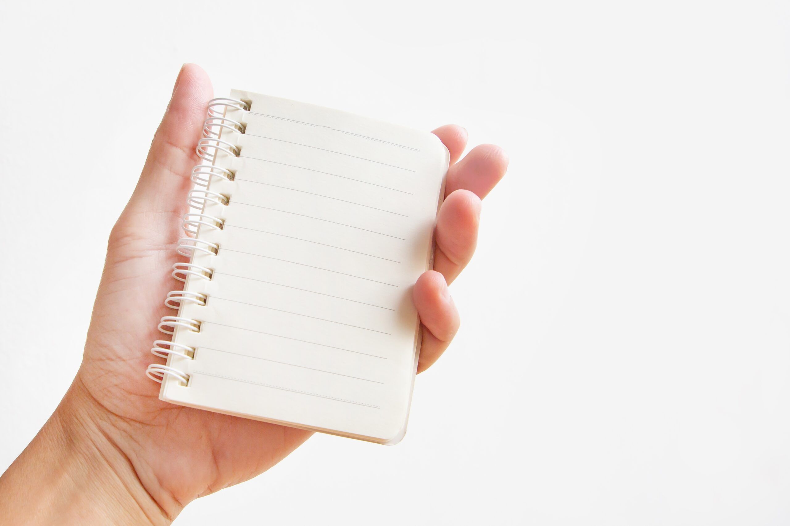 Hand holding a mini notebook.