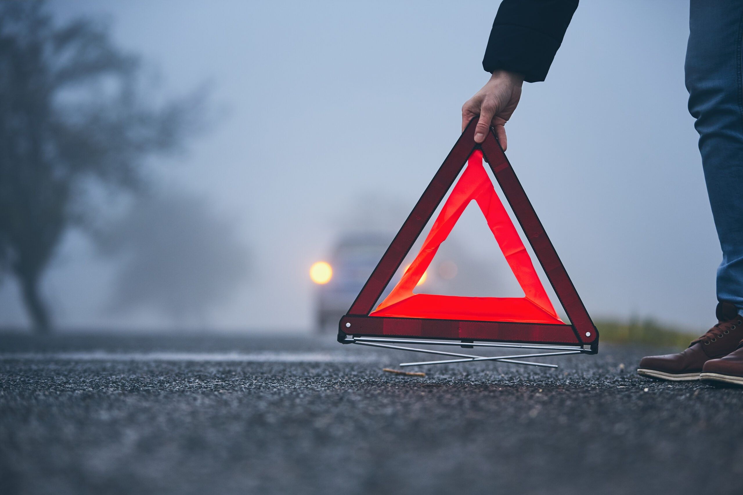 A reflective  traffic triangle. 