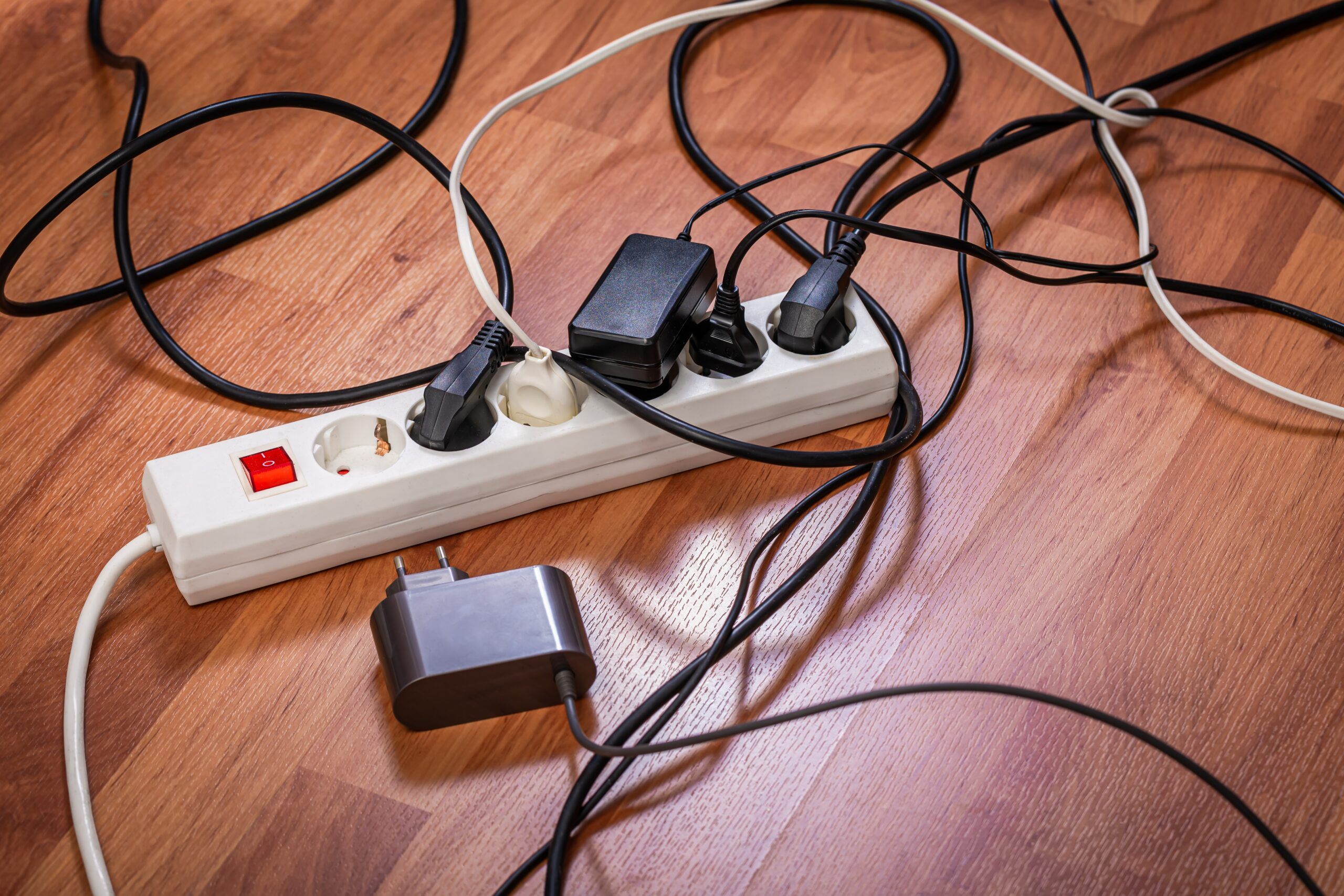 Electrical cords in a socket.