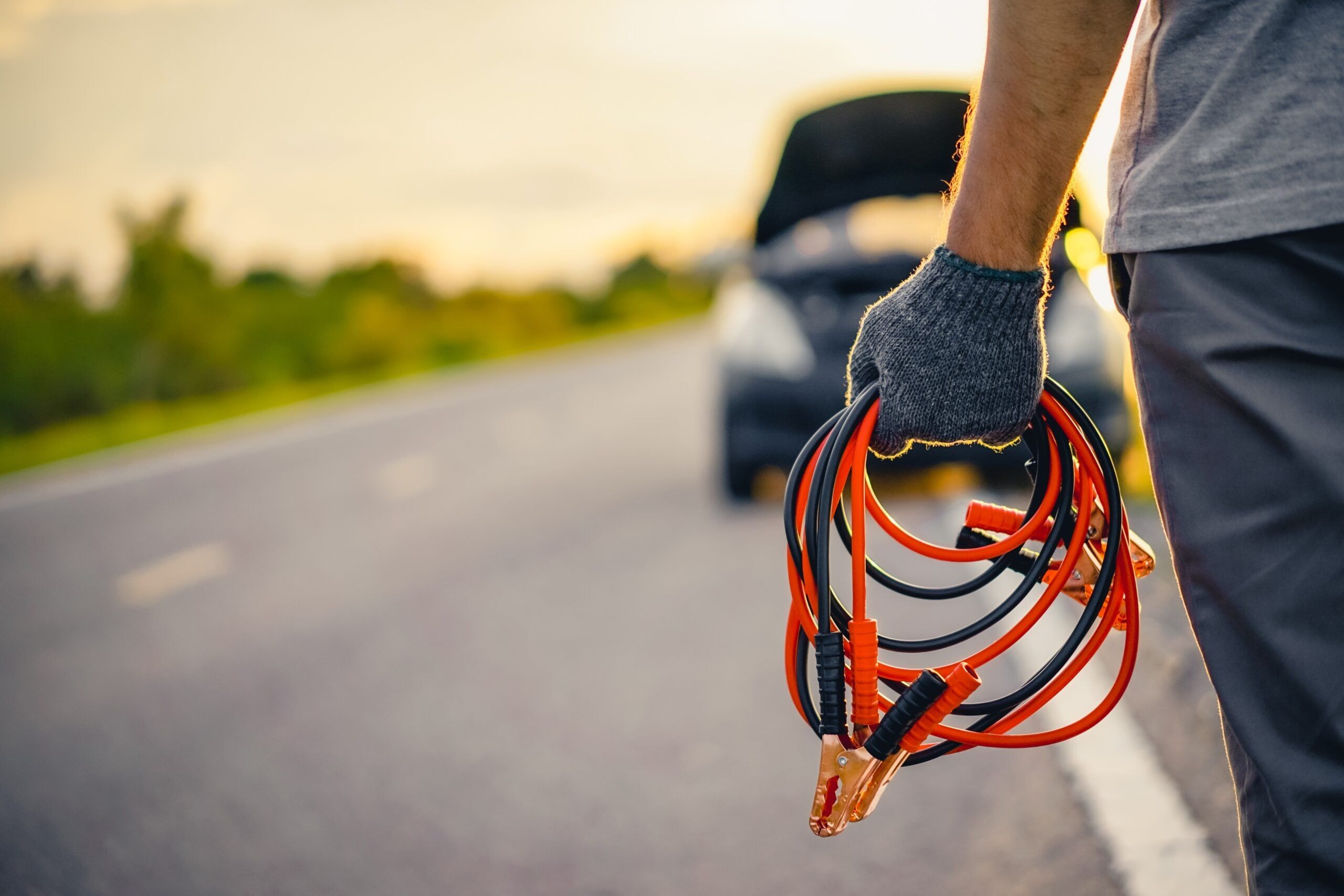 Man holding jumper cables. 