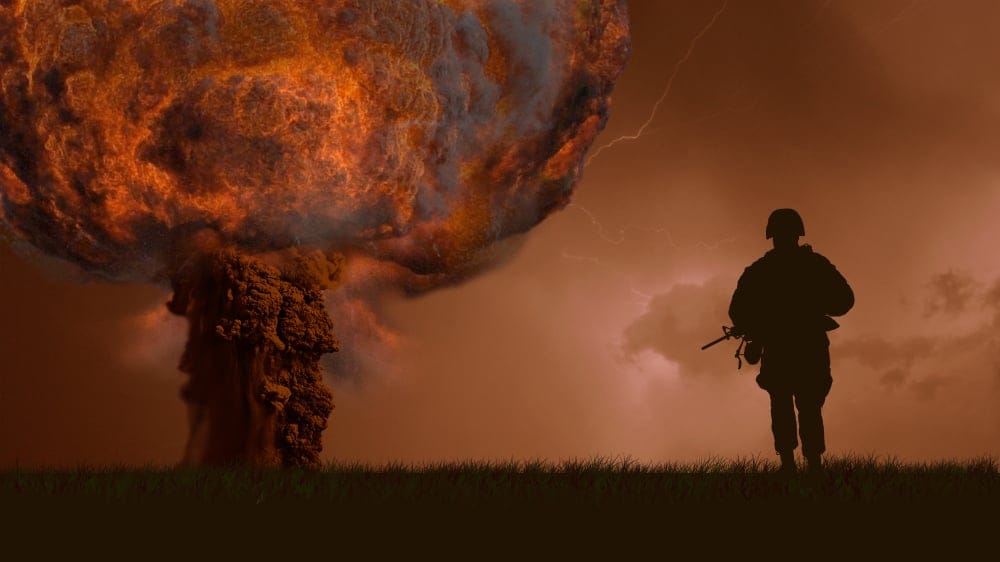 Image of nuclear explosion turning the sky fiery red.
