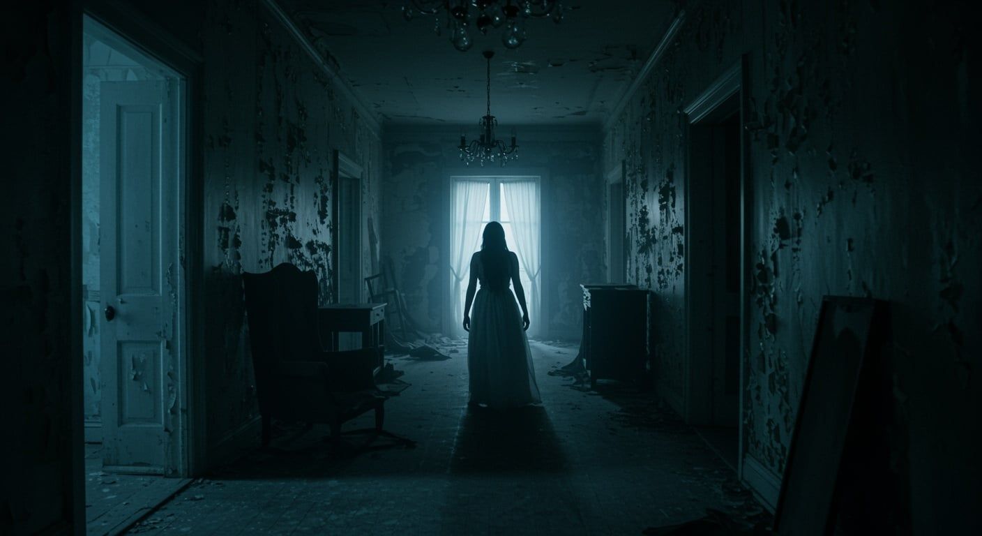 Abandoned dimly light house, with female figure standing near the window.