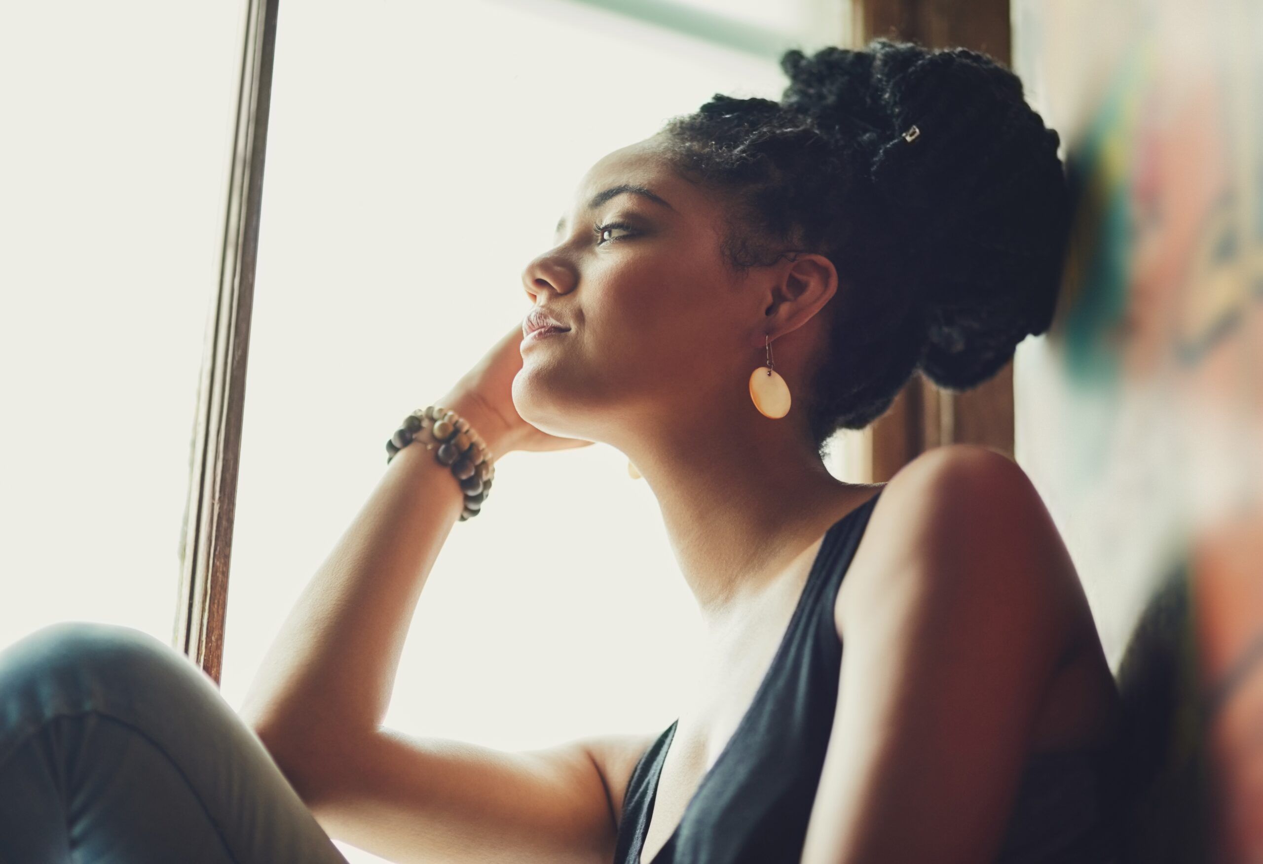 Woman showing very little emotion on her face.