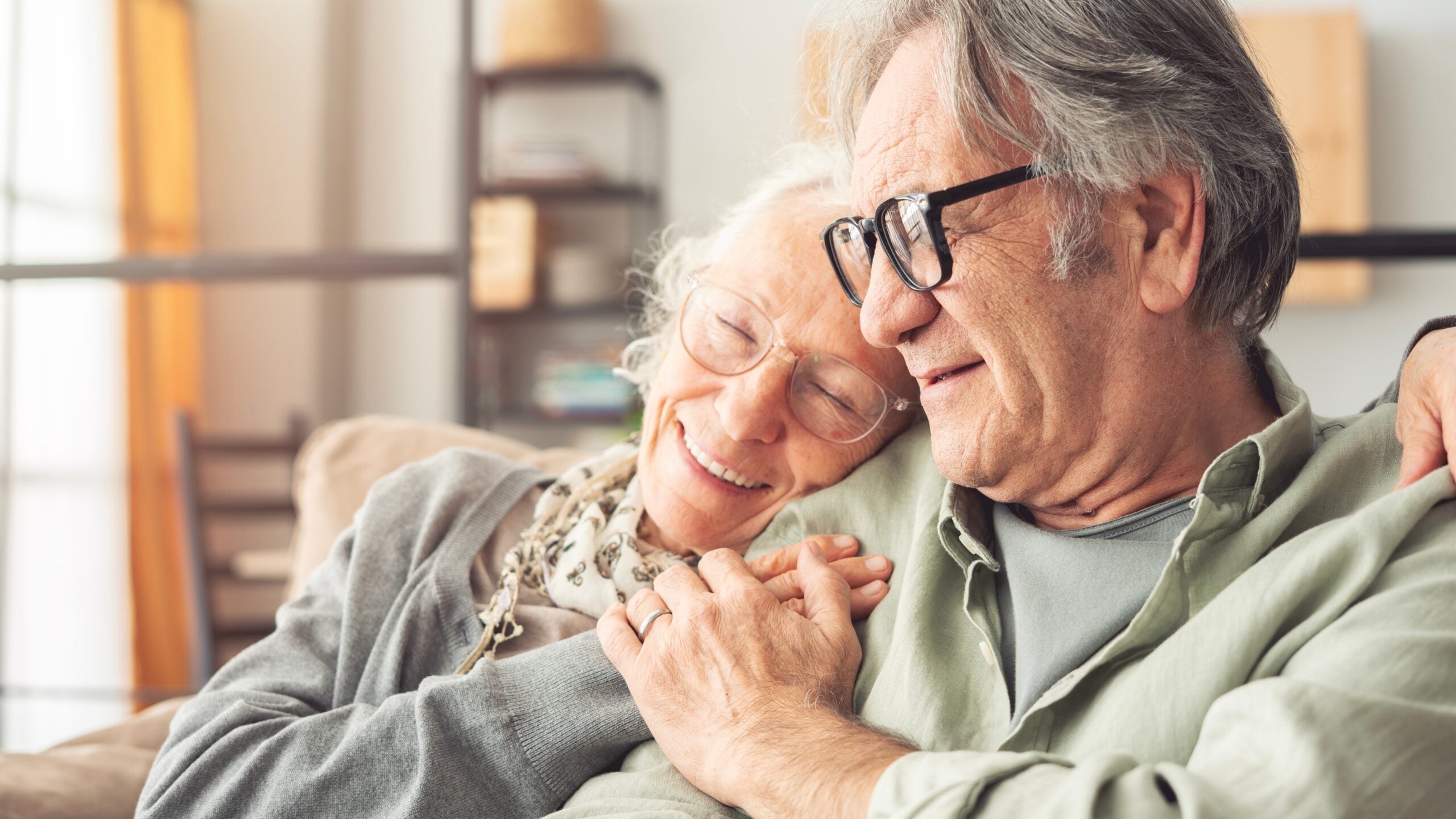 A a happy senior couple at home.