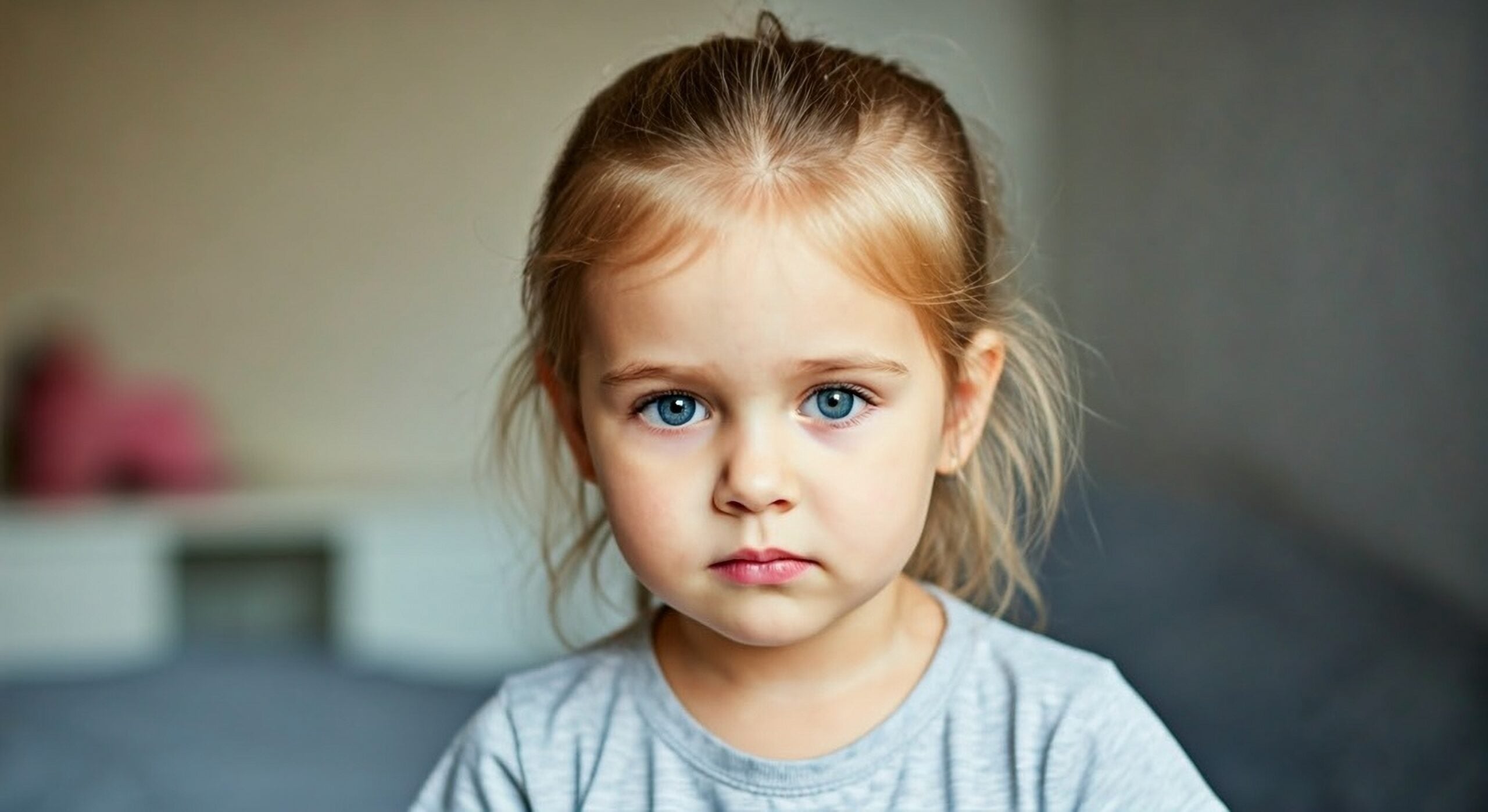 Little girl with a stoic expression.