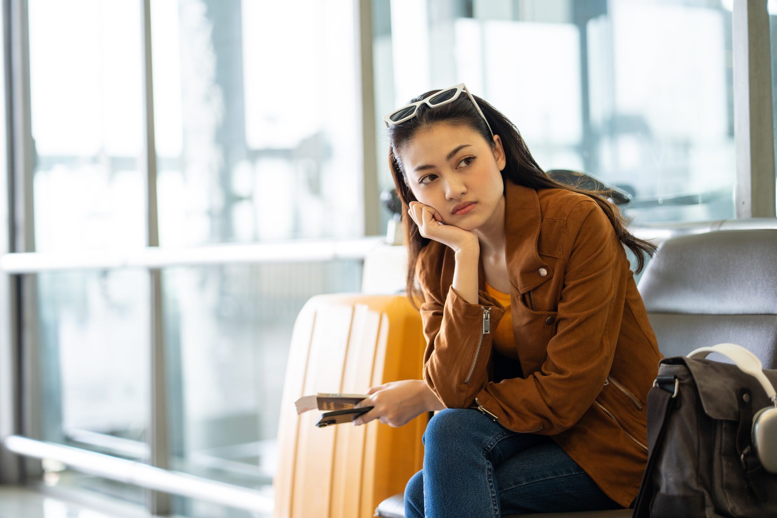 A woman traveler disappointed with her flight delay.