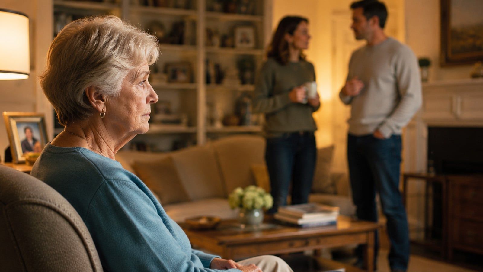 An older woman sits alone on a couch, looking thoughtful, while a younger couple stands in the background, talking and holding mugs, in a warmly lit living room—a quiet moment that poignantly reflects senior loneliness and the challenges of aging and family.