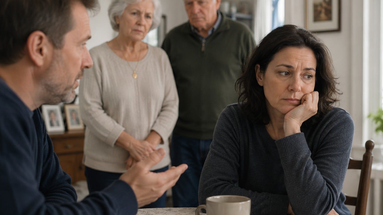 A 45-year-old daughter sits at a table, looking sad and thoughtful, her chin resting on her hand. A man gestures while talking to her, as her elderly parents stand in the background watching with concern, highlighting family caregiving challenges.