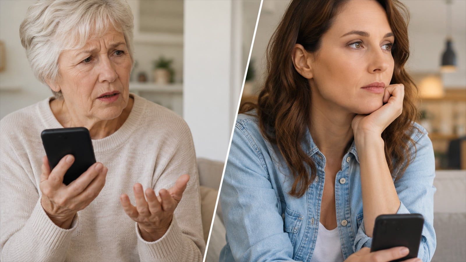 Split-screen image of an older woman in a beige sweater looking concerned while holding a phone, and a younger woman in a denim shirt looking thoughtful, also holding a phone, both indoors.