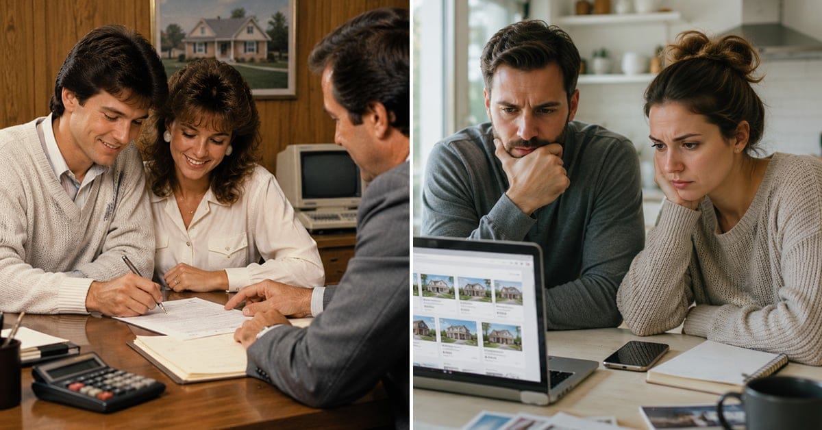 A split image: on the left, millennial couple signs documents with a professional at a desk; on the right, a couple looks concerned while viewing house listings on a laptop at home.