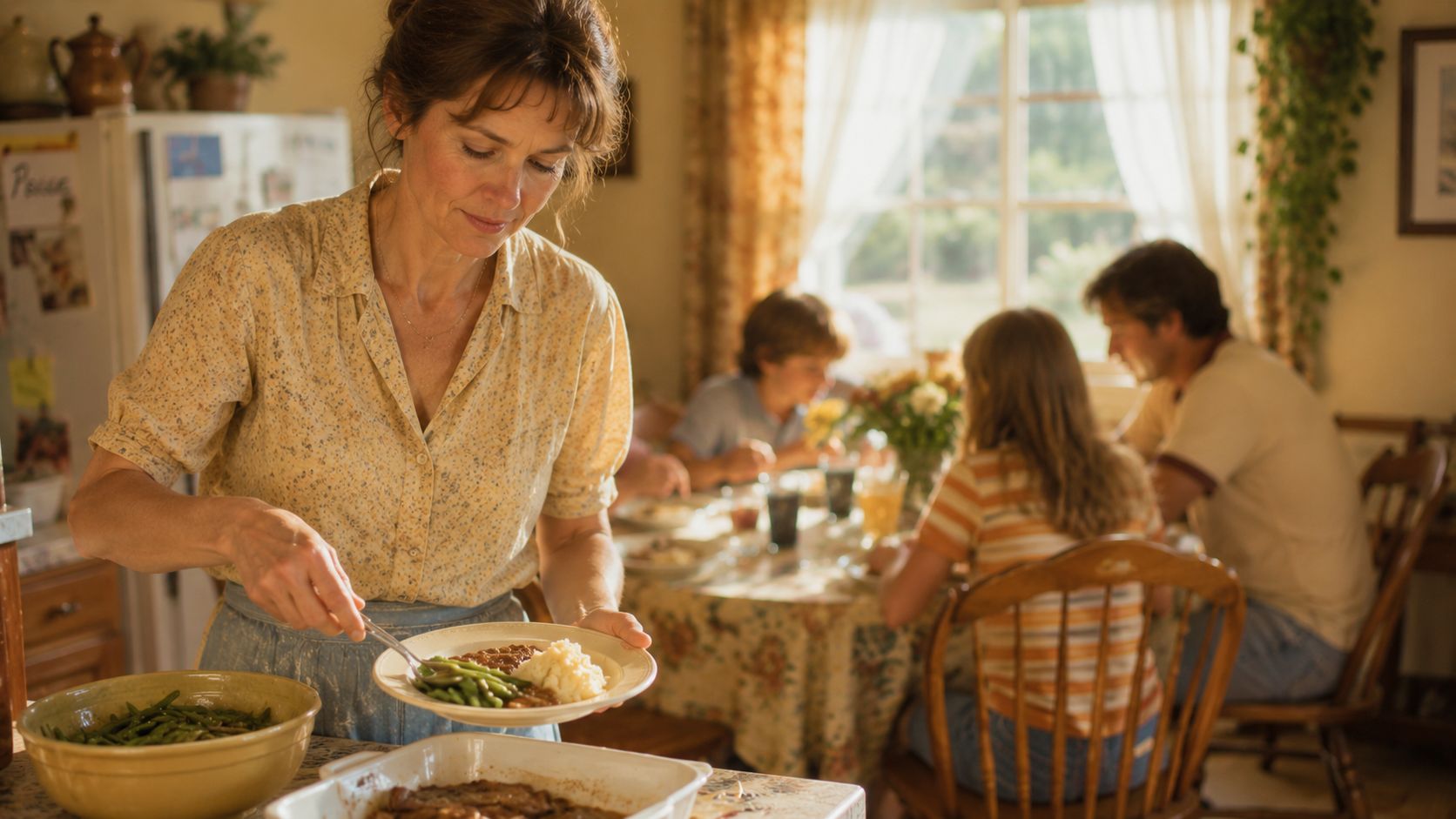 A woman serves herself food in a cozy kitchen while three people sit at a dining table in the background, enjoying a meal together. Sunlight streams through a window with floral curtains, creating a warm, inviting atmosphere.