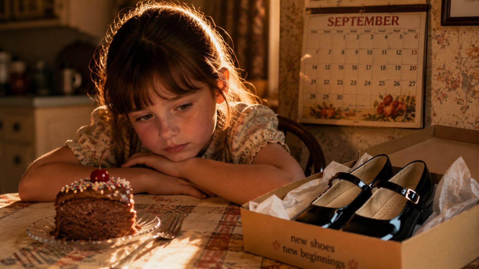 A young girl sits at a table, gazing sadly at a slice of chocolate cake and a box with new black shoes—a moment colored by scarcity. A September calendar hangs on the wall in the softly lit, nostalgic kitchen.