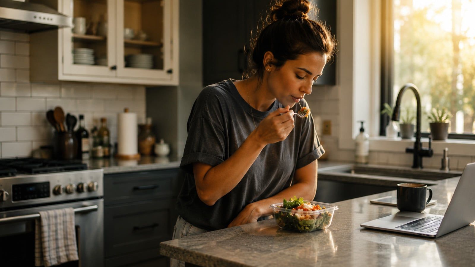 A woman sits on a kitchen counter, enjoying a salad from a plastic container with a fork. There is a laptop and mug nearby, as sunlight shines through the window—a glimpse into her lunch routines and daily eating habits.