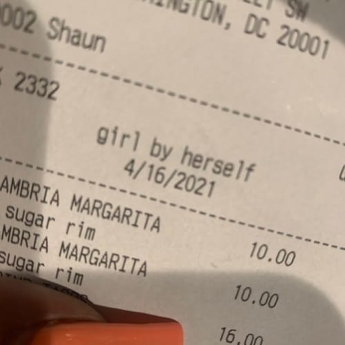 Woman At Bar Amused After Being Described As ‘Girl By Herself’ On Drinks Receipt