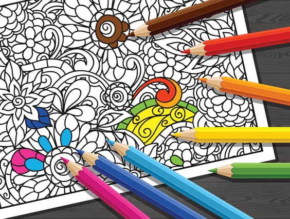Adult coloring concept with pencils, printed pattern. Illustration of trend item to relieve stress and creativity.