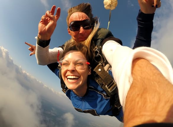 Selfie while tandem skydiving.