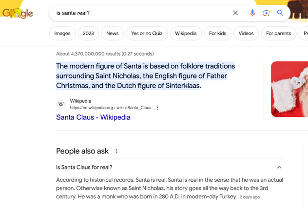 "is santa real?" google search result screenshot