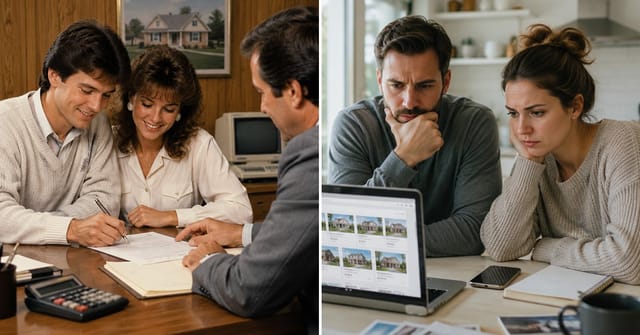 A split image: on the left, millennial couple signs documents with a professional at a desk; on the right, a couple looks concerned while viewing house listings on a laptop at home.