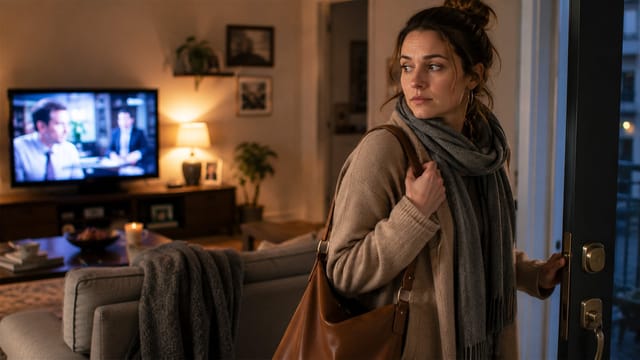 A woman with a scarf and bag opens a door and looks back with a concerned expression in a cozy living room, where a TV is on and soft lighting creates a warm atmosphere.