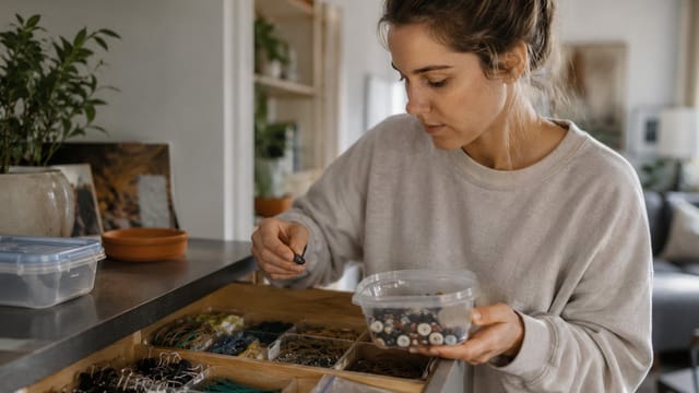 A woman in a grey sweatshirt sorts through a drawer of assorted buttons and small items, using takeout containers to organize them—a testament to her creative saving habits at her home workspace.