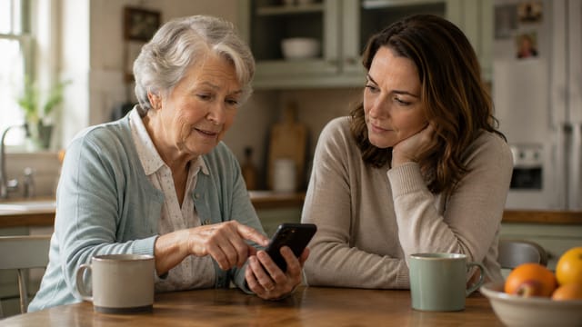An older woman and a younger woman sit at a kitchen table, looking at a smartphone together. In this touching role reversal, the younger woman attentively helps her aging parent, their mugs and fruit creating a cozy atmosphere.