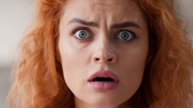 A woman with red hair stares directly ahead with wide blue eyes and raised eyebrows, her mouth slightly open in an expression of shock or surprise, as if taken aback by a lack of critical thinking skills in someone's phrases.