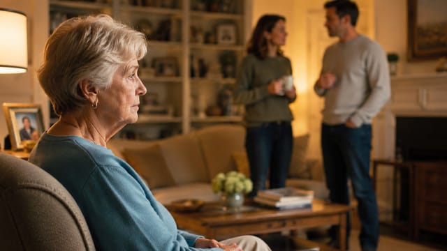 An older woman sits alone on a couch, looking thoughtful, while a younger couple stands in the background, talking and holding mugs, in a warmly lit living room—a quiet moment that poignantly reflects senior loneliness and the challenges of aging and family.