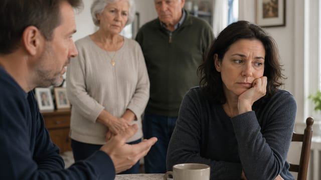 A 45-year-old daughter sits at a table, looking sad and thoughtful, her chin resting on her hand. A man gestures while talking to her, as her elderly parents stand in the background watching with concern, highlighting family caregiving challenges.