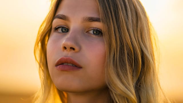 A young person with long blonde hair looks directly at the camera with a calm expression. Soft, golden light blurs the background, highlighting their features and revealing the serene confidence of someone known as the dependable one.