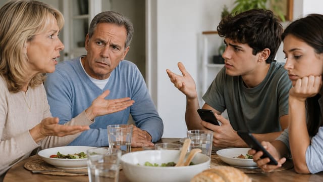 A family of four sits at a dining table, having a serious discussion about respect and manners. The concerned parents address their teenage son and daughter, who listen intently while holding smartphones. Plates and glasses are on the table.