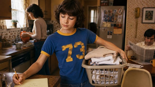 A child in a blue shirt with the number 73 takes on grown-up responsibilities, holding a laundry basket and writing on a notepad in the kitchen, while an adult washes dishes and another reads a newspaper at the table.