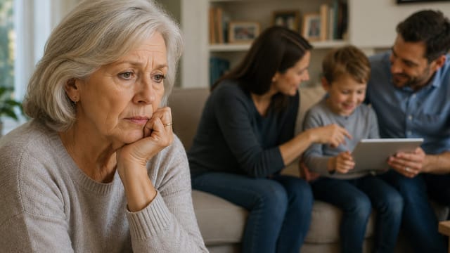 An elderly woman looks sad and thoughtful in the foreground, while her grandkids sit with their parents, joyfully using a tablet on the couch in the background.