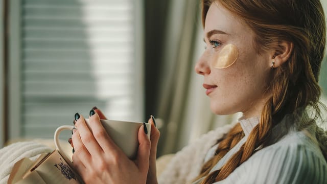 A young woman with braided hair and an under-eye patch holds a white mug of black coffee, gazing thoughtfully out of a window with sunlight streaming in, reflecting on her identity and personal choices.