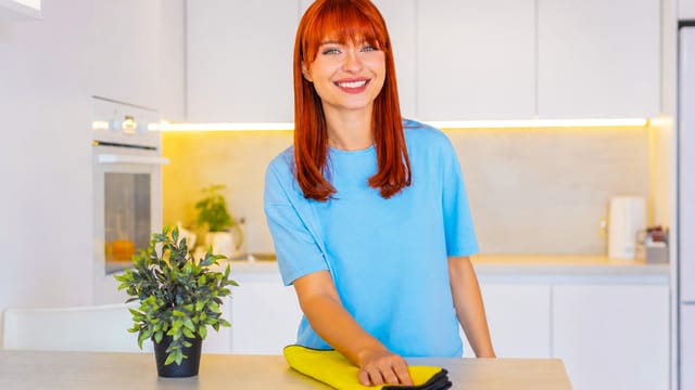 A woman with red hair, wearing a blue shirt, smiles while using a kitchen scrub to wipe the counter. A small potted plant sits on the counter in the modern, bright kitchen.