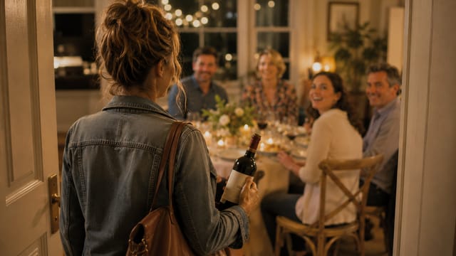 A woman holding a wine bottle enters a warmly lit room where four people sit at a decorated dinner table, smiling and looking toward her.